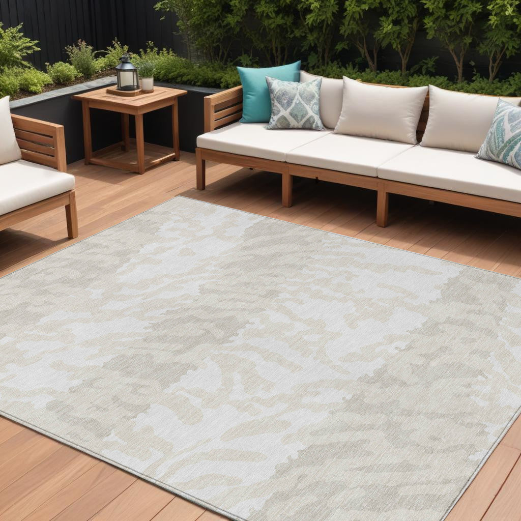 9' X 12' Ivory And Beige Animal Print Washable Indoor Outdoor Area Rug