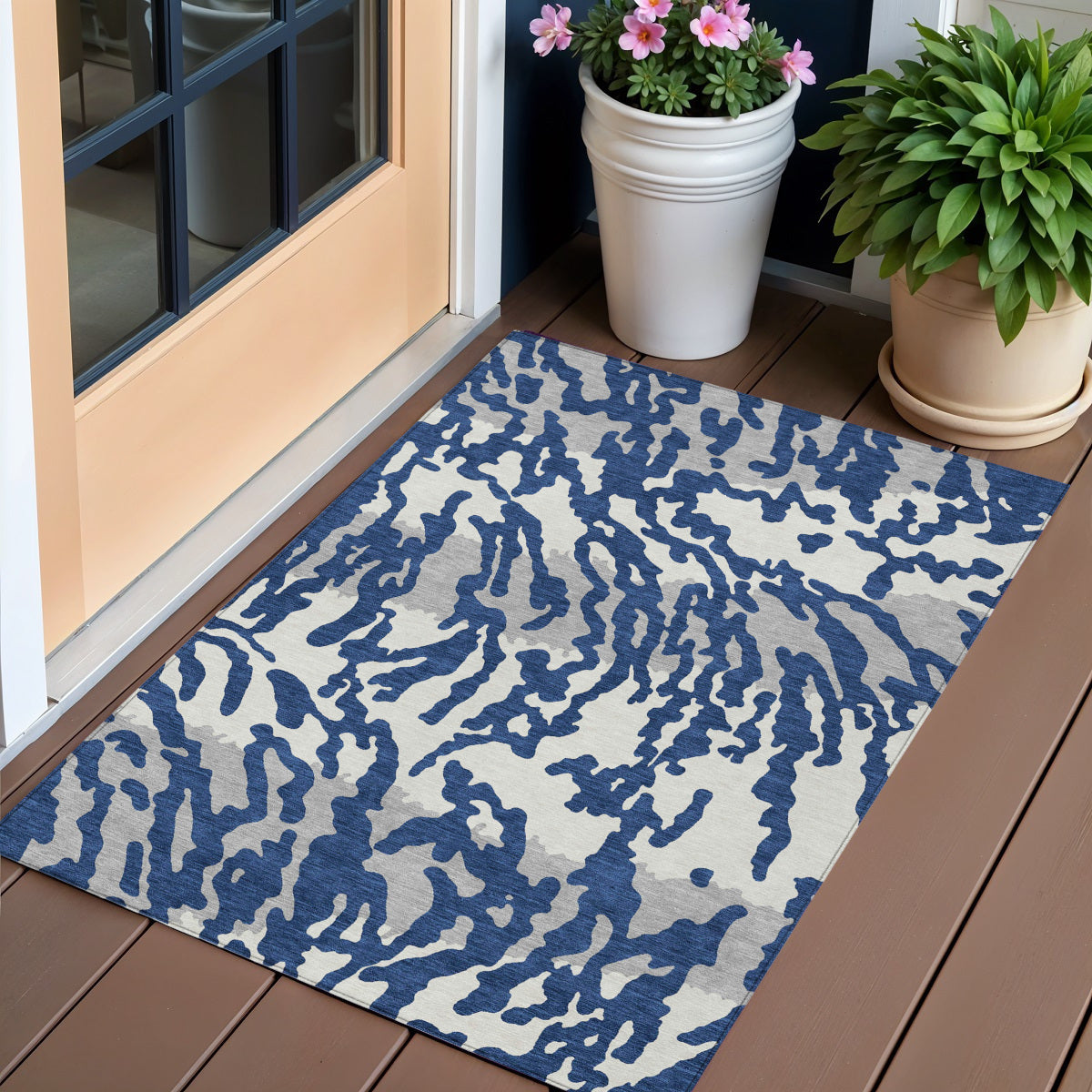 3' X 5' Navy Blue Gray And Ivory Animal Print Washable Indoor Outdoor Area Rug