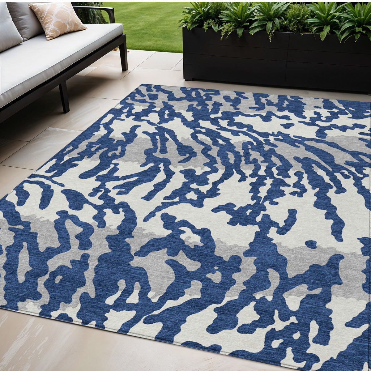 5' X 8' Navy Blue Gray And Ivory Animal Print Washable Indoor Outdoor Area Rug