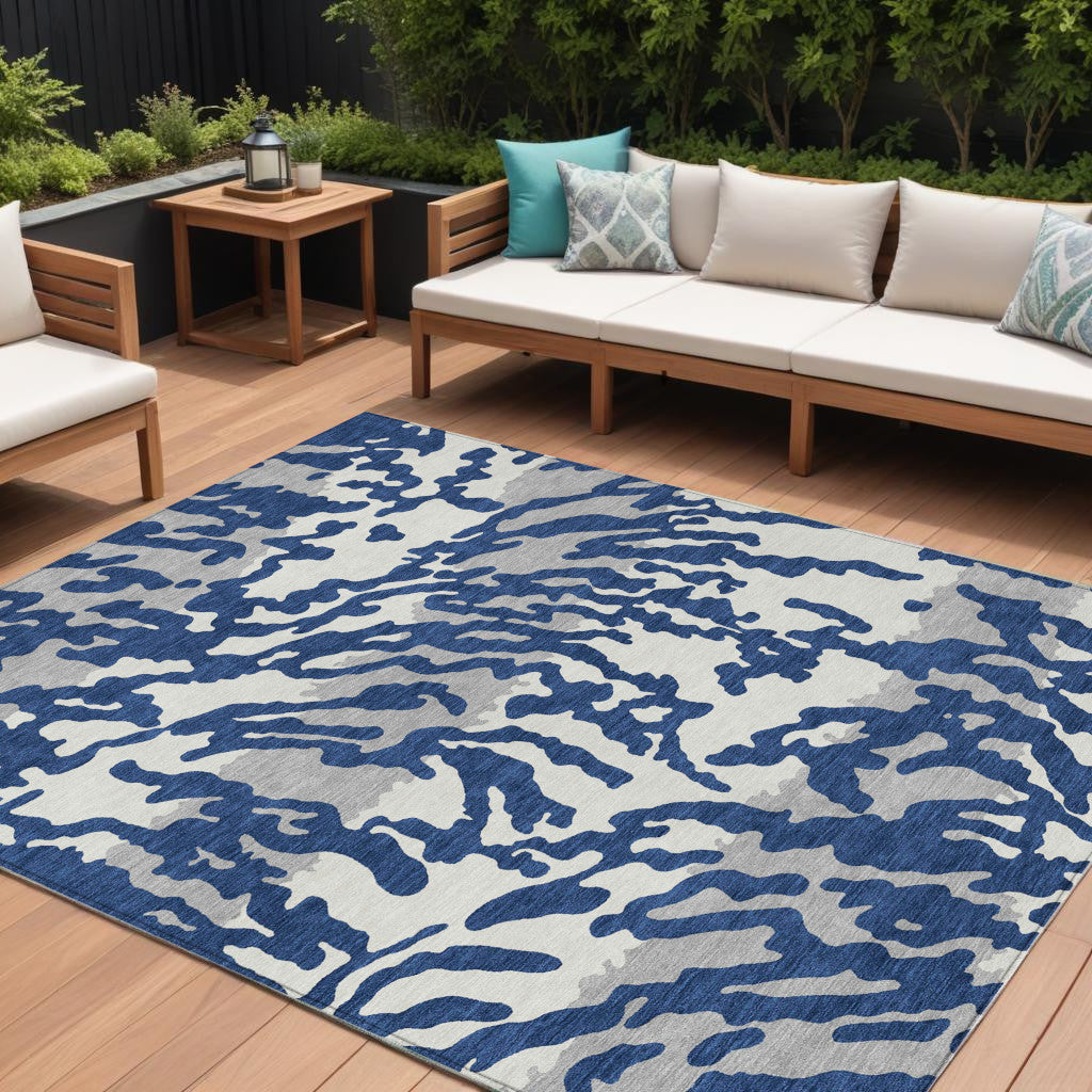 10' X 14' Navy Blue Gray And Ivory Animal Print Washable Indoor Outdoor Area Rug