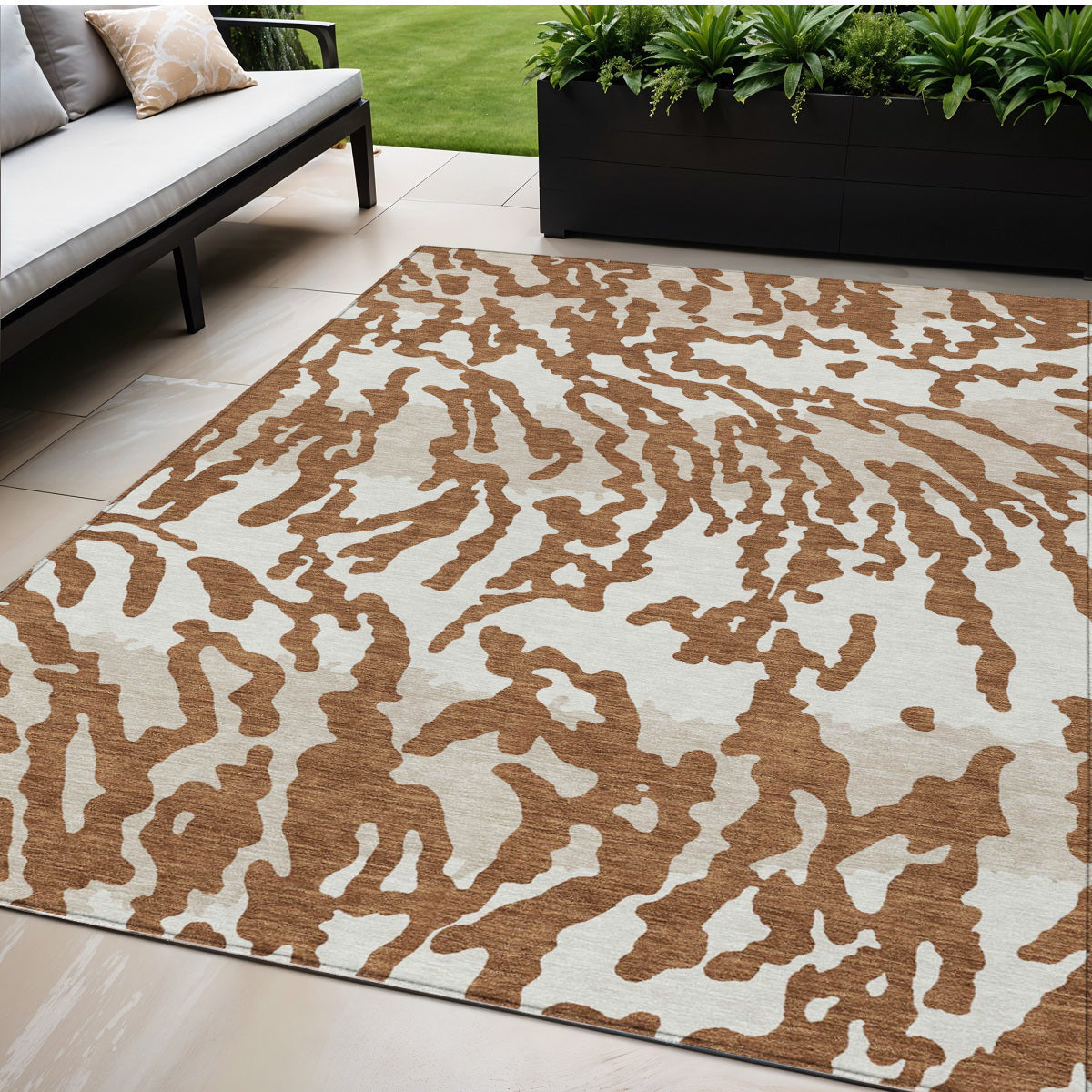 5' X 8' Brown Beige And Ivory Animal Print Washable Indoor Outdoor Area Rug