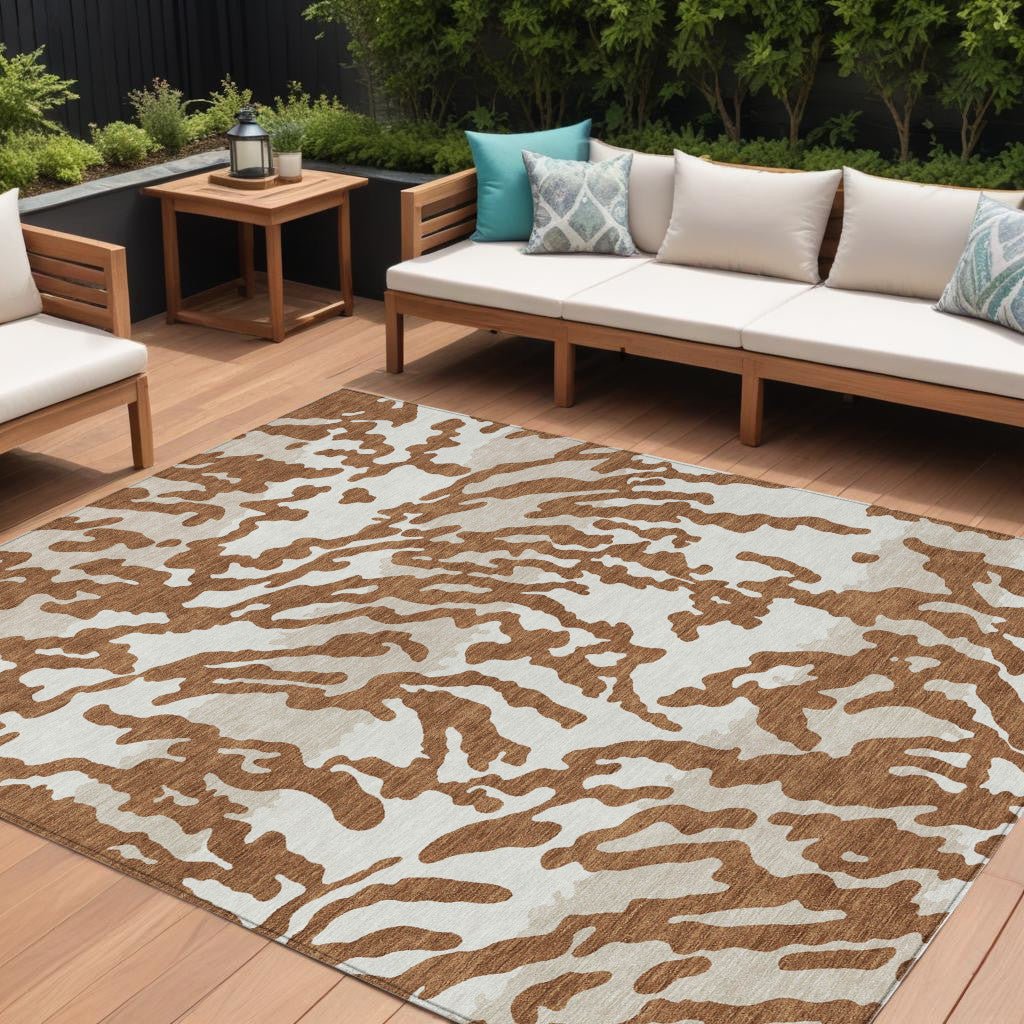 10' X 14' Brown Beige And Ivory Animal Print Washable Indoor Outdoor Area Rug