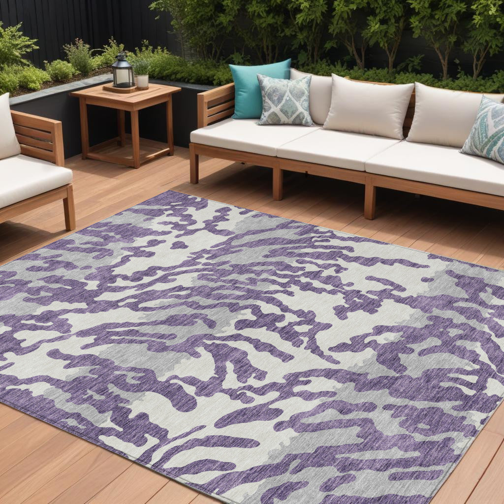9' X 12' Purple Gray And Ivory Animal Print Washable Indoor Outdoor Area Rug