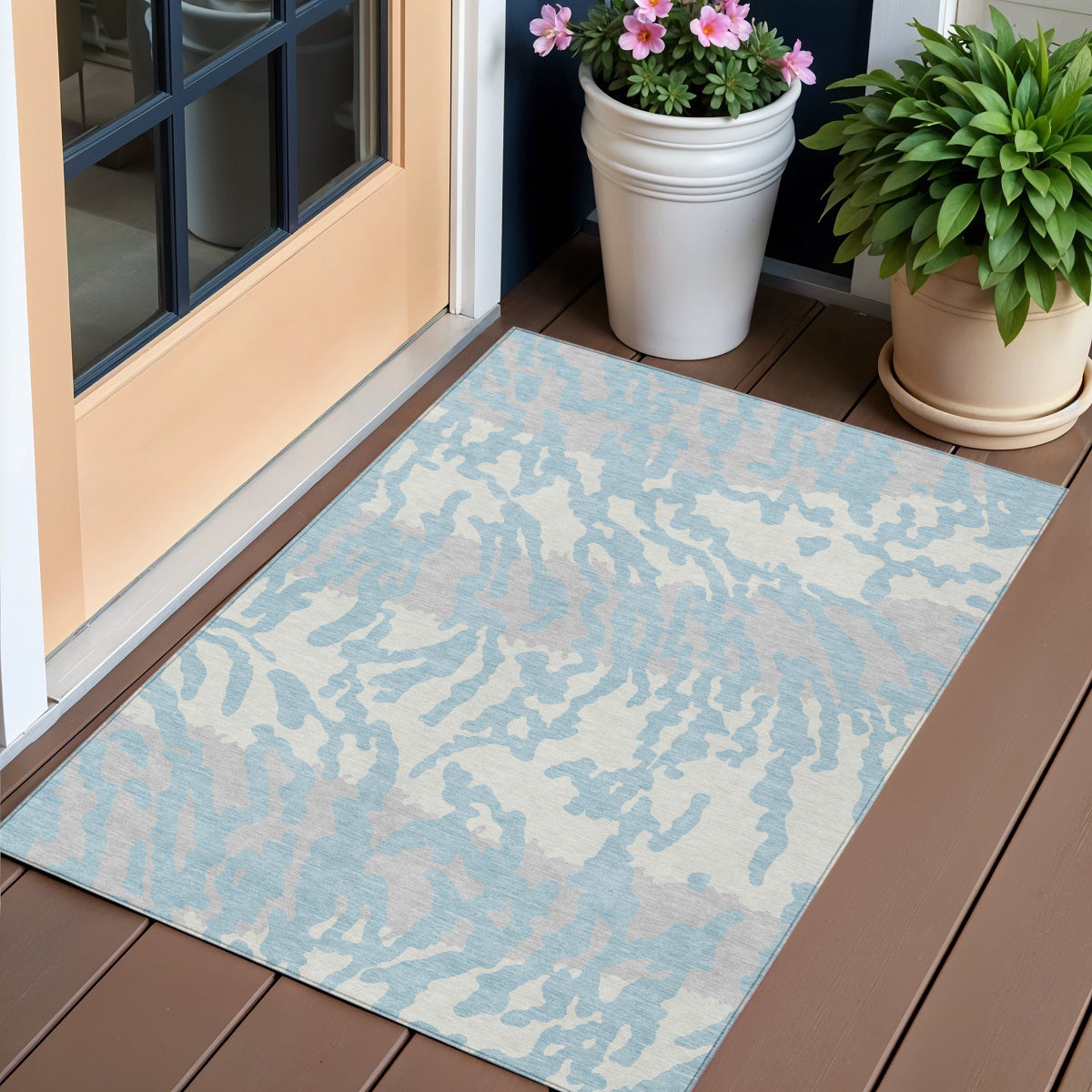 3' X 5' Sky Blue Gray And Ivory Animal Print Washable Indoor Outdoor Area Rug
