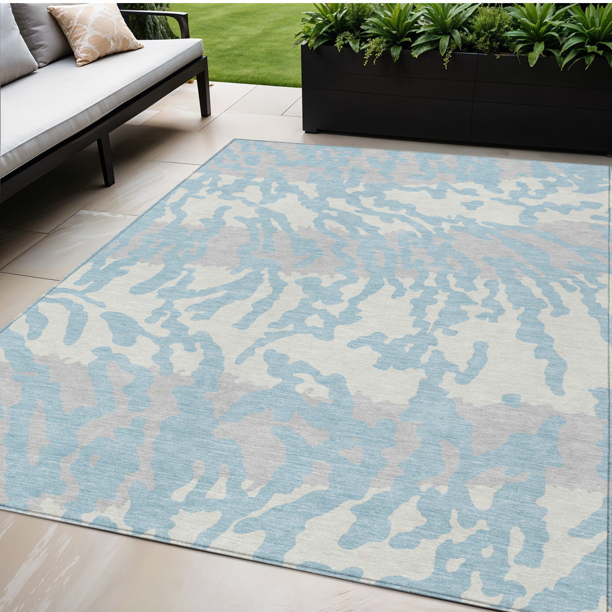 5' X 8' Sky Blue Gray And Ivory Animal Print Washable Indoor Outdoor Area Rug