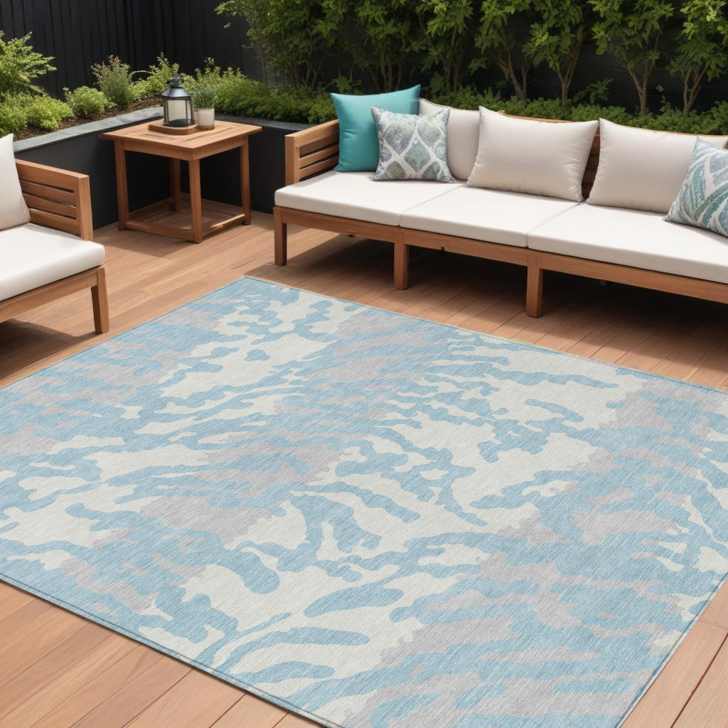 9' X 12' Sky Blue Gray And Ivory Animal Print Washable Indoor Outdoor Area Rug