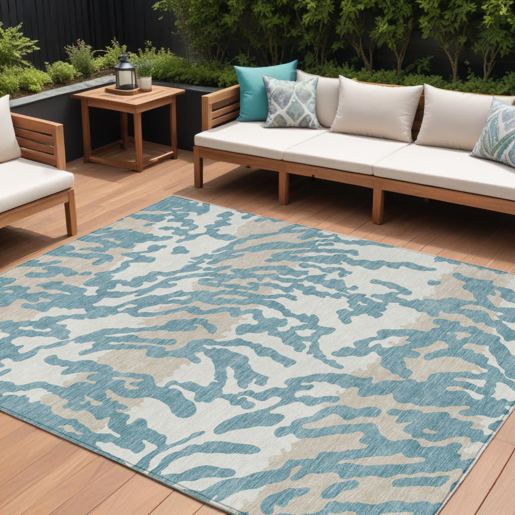 9' X 12' Teal Blue Beige And Ivory Animal Print Washable Indoor Outdoor Area Rug