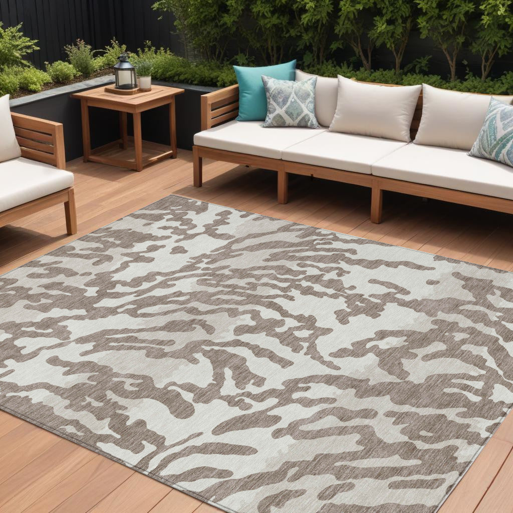 9' X 12' Taupe Brown And Ivory Animal Print Washable Indoor Outdoor Area Rug