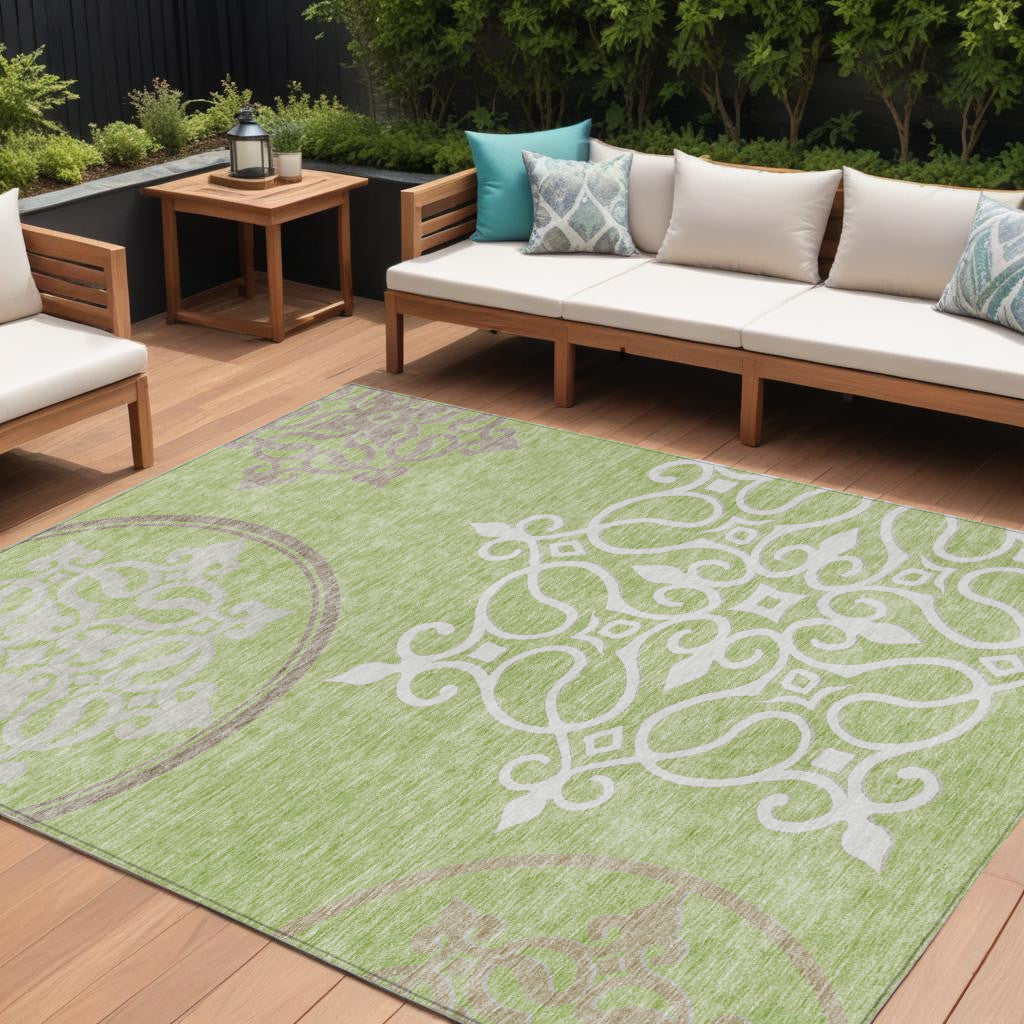 10' X 14' Artichoke Green Brown And Ivory Floral Medallion Washable Indoor Outdoor Area Rug