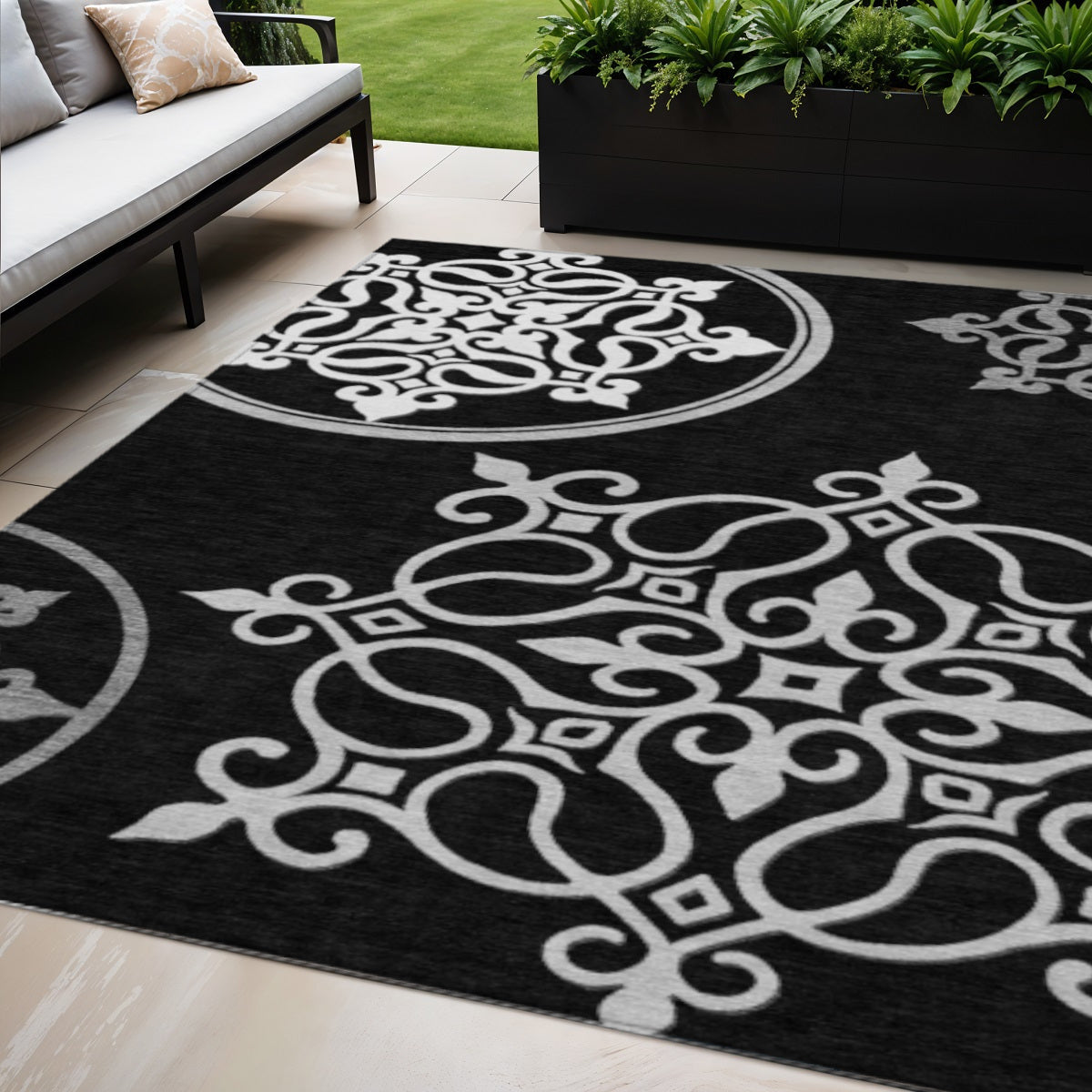 5 X 8 Black Gray And Ivory Floral Medallion Washable Indoor Outdoor Area Rug