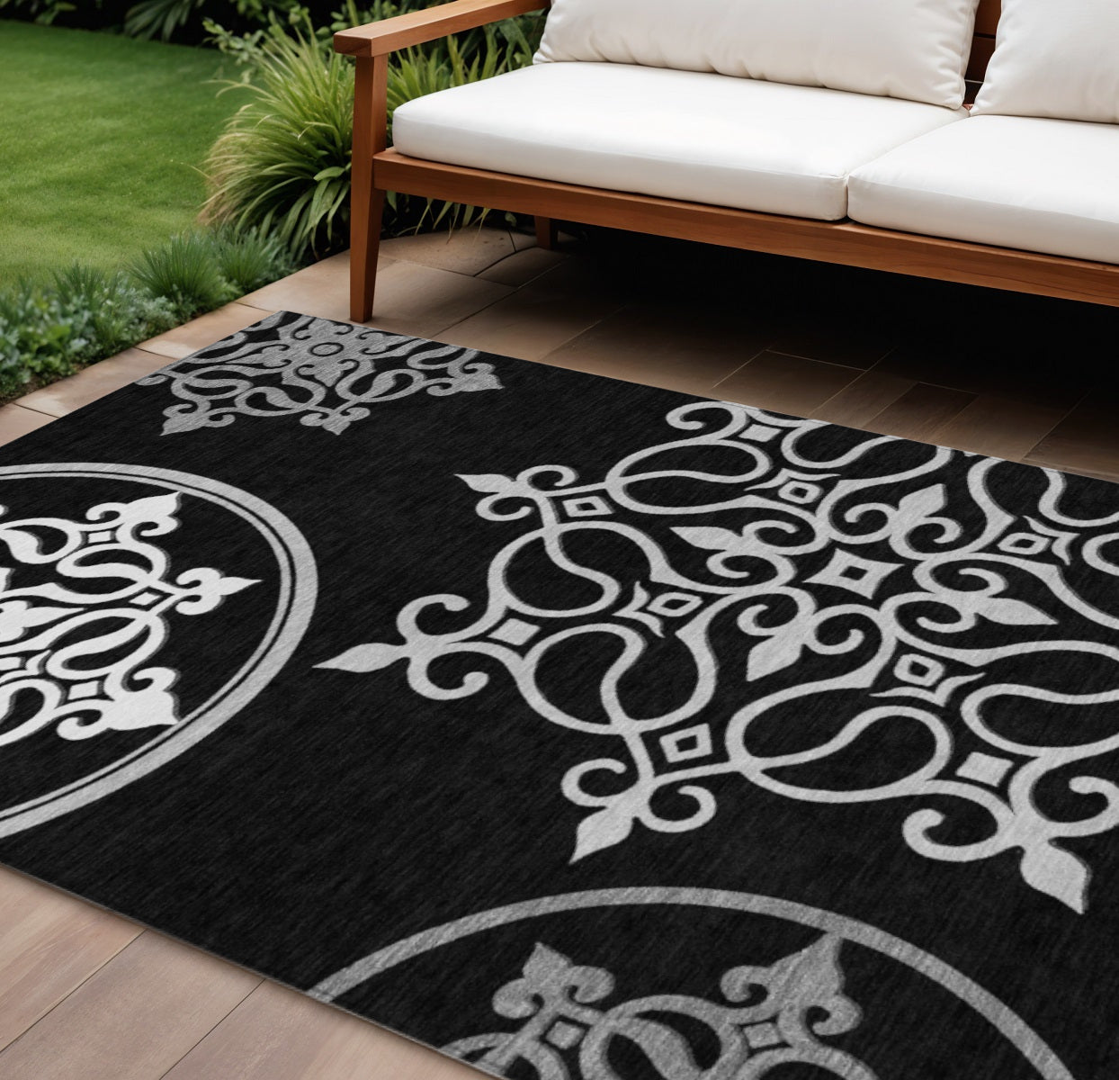 10 X 14 Black Gray And Ivory Floral Medallion Washable Indoor Outdoor Area Rug