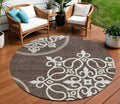 8 Chocolate Beige And Ivory Round Floral Medallion Washable Indoor Outdoor Area Rug