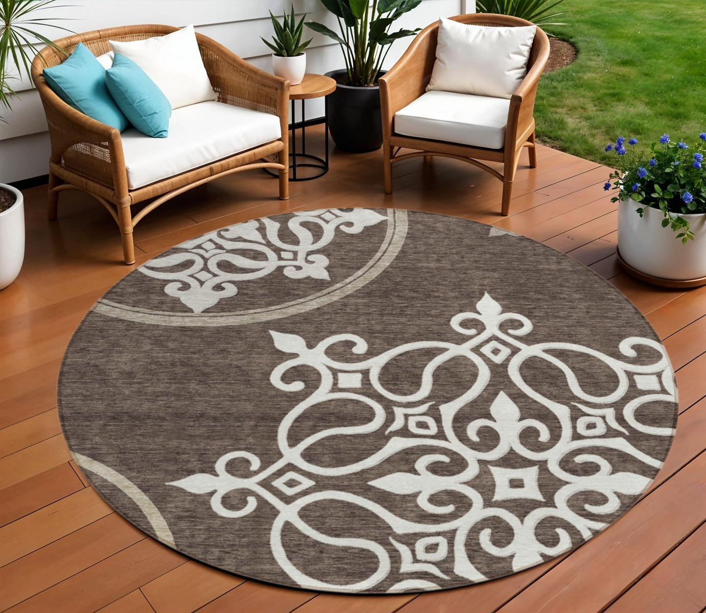 8 Chocolate Beige And Ivory Round Floral Medallion Washable Indoor Outdoor Area Rug