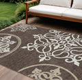 10 X 14 Chocolate Beige And Ivory Floral Medallion Washable Indoor Outdoor Area Rug