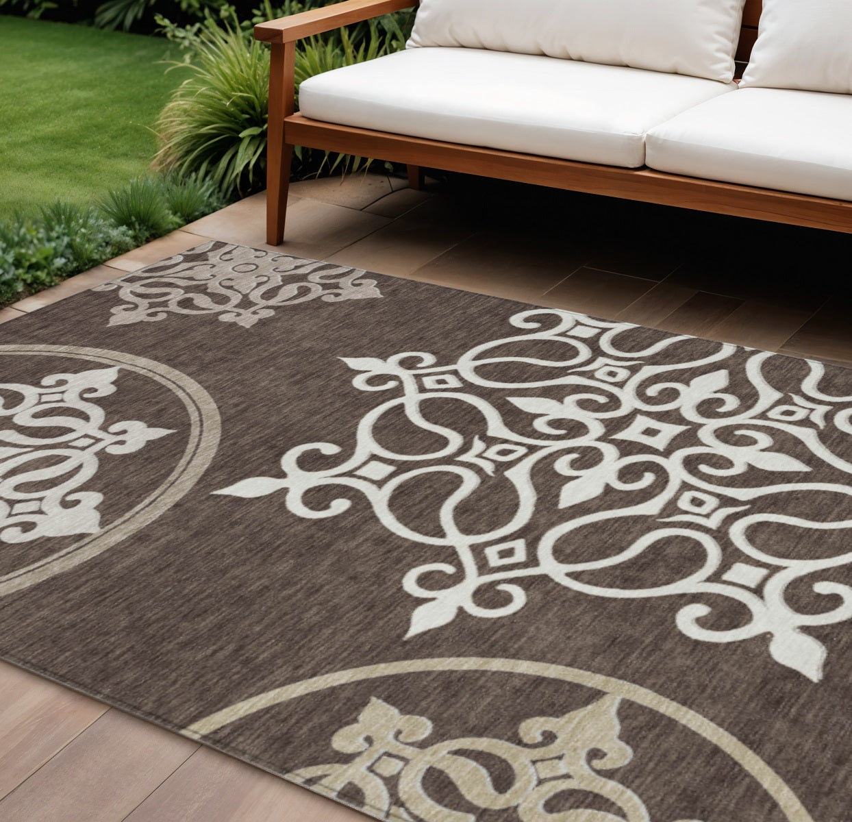 10 X 14 Chocolate Beige And Ivory Floral Medallion Washable Indoor Outdoor Area Rug