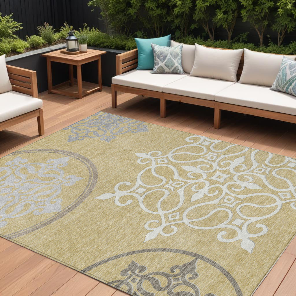 9' X 12' Gold Ivory And Gray Floral Medallion Washable Indoor Outdoor Area Rug