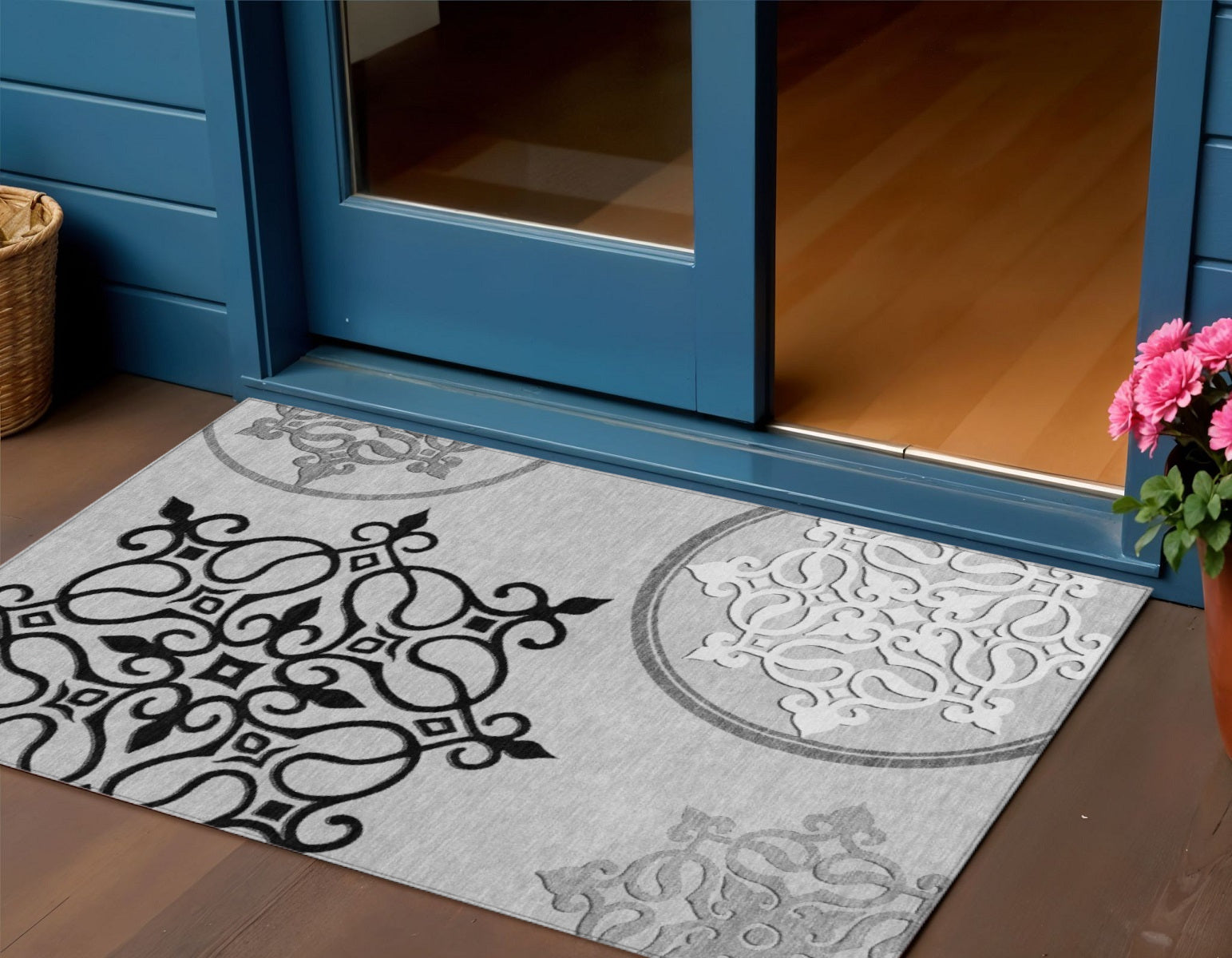 3 X 5 Gray Black And White Floral Medallion Washable Indoor Outdoor Area Rug