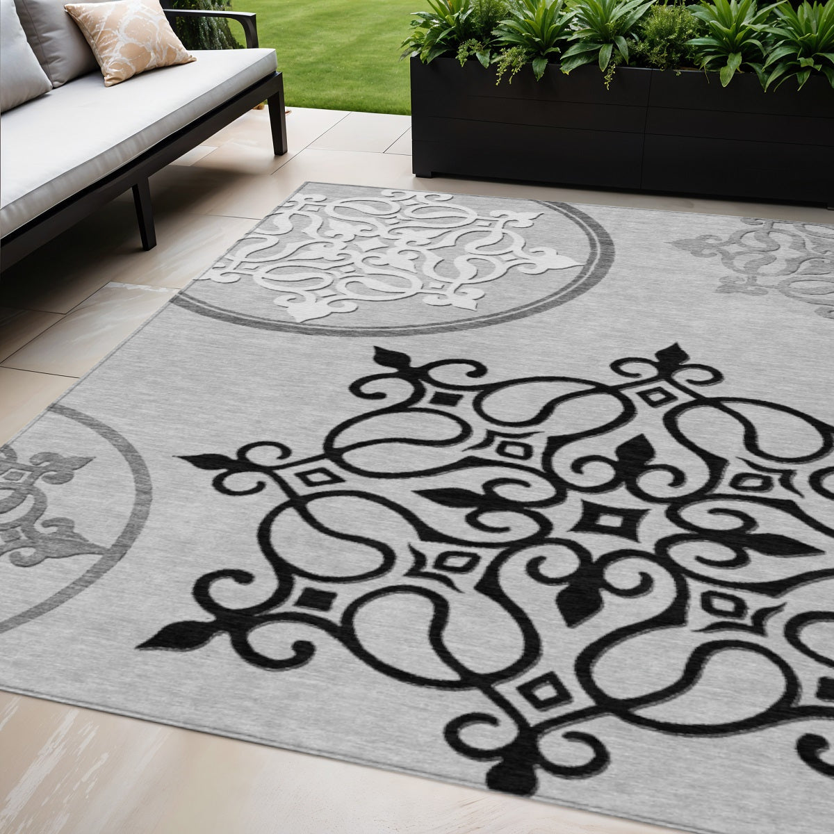 5 X 8 Gray Black And White Floral Medallion Washable Indoor Outdoor Area Rug