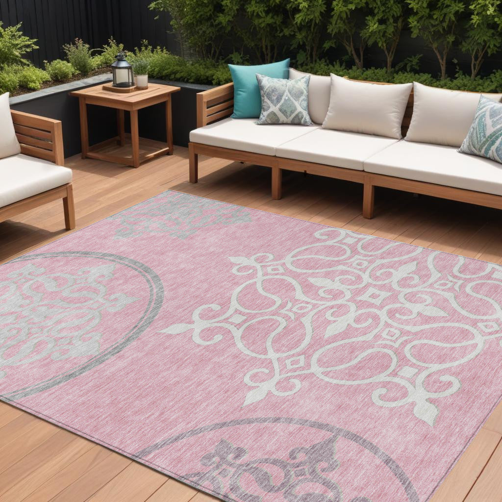 9' X 12' Pink Gray And Ivory Floral Medallion Washable Indoor Outdoor Area Rug