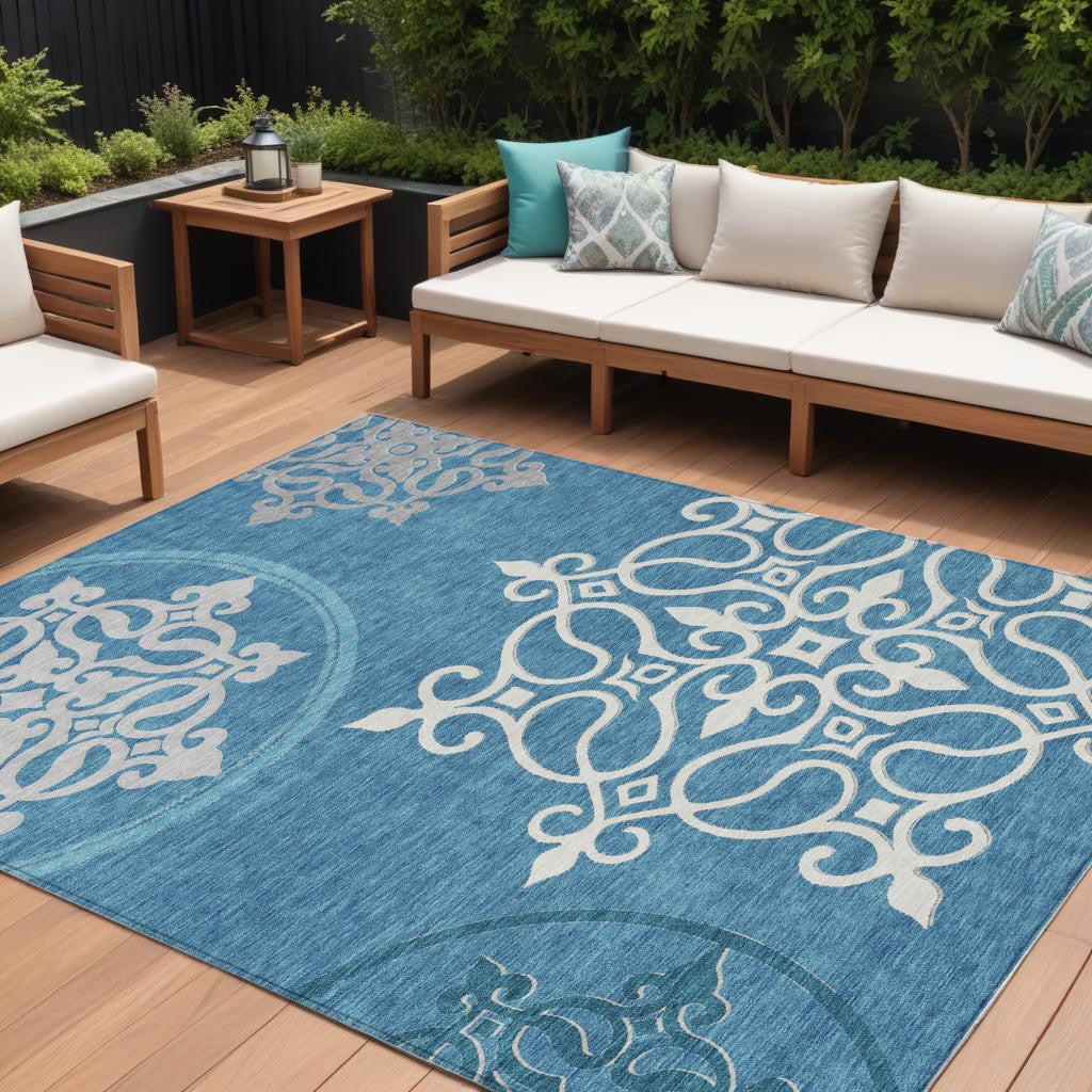 9' X 12' Teal Blue Gray And Ivory Floral Medallion Washable Indoor Outdoor Area Rug
