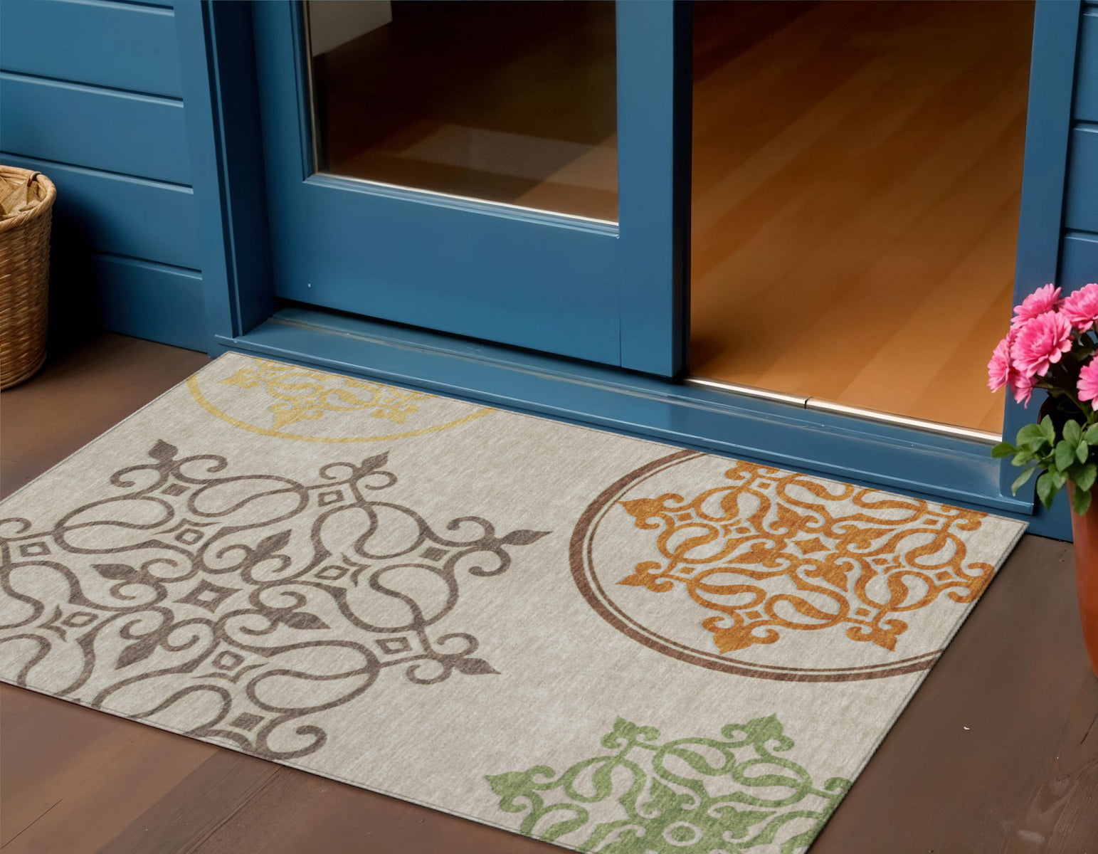3 X 5 Taupe Copper And Green Floral Medallion Washable Indoor Outdoor Area Rug