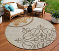 8 Taupe Copper And Green Round Floral Medallion Washable Indoor Outdoor Area Rug