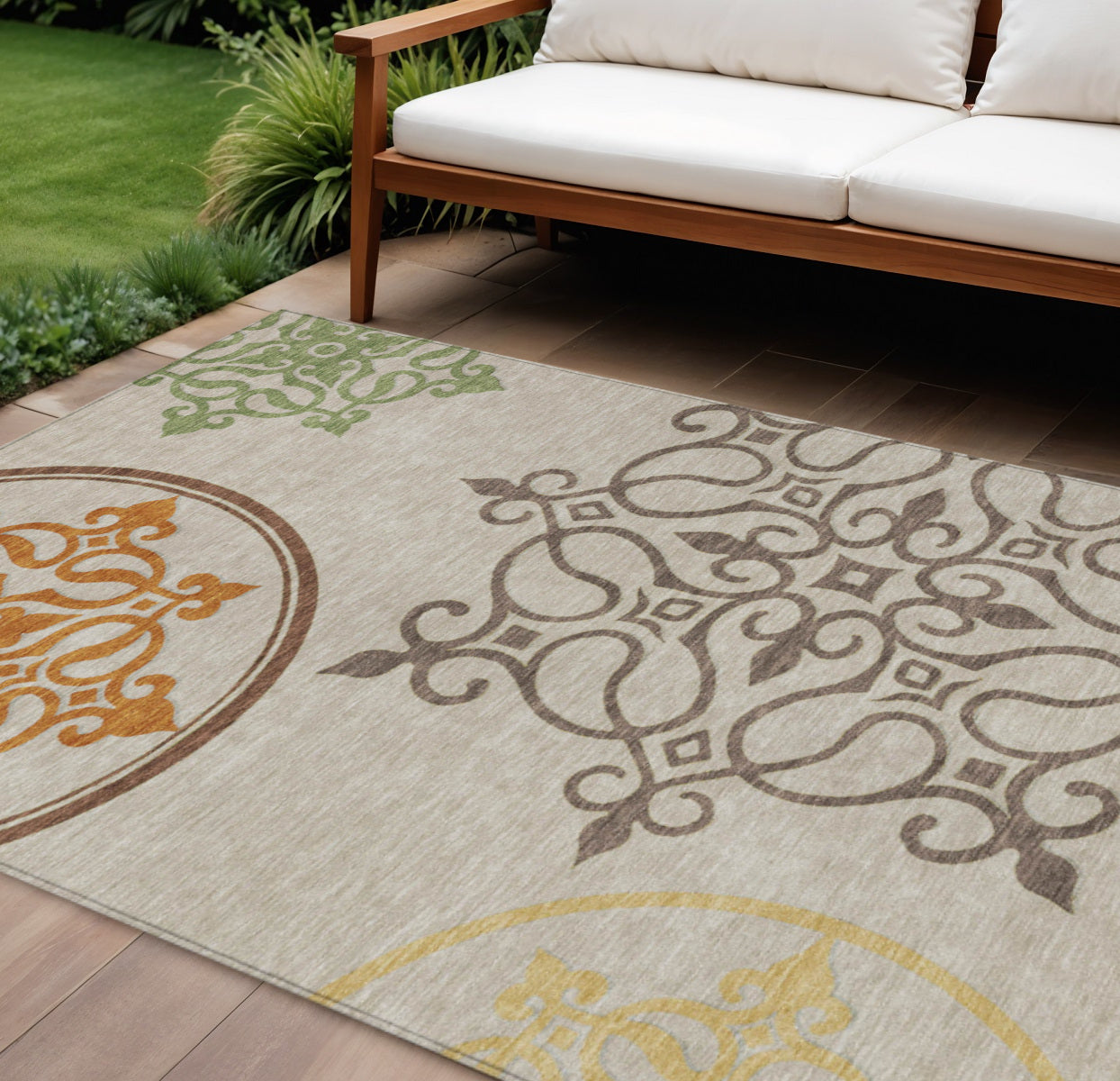 9 X 12 Taupe Copper And Green Floral Medallion Washable Indoor Outdoor Area Rug