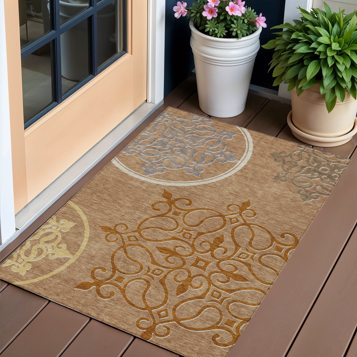 3' X 5' Terra Cotta Gold And Gray Floral Medallion Washable Indoor Outdoor Area Rug
