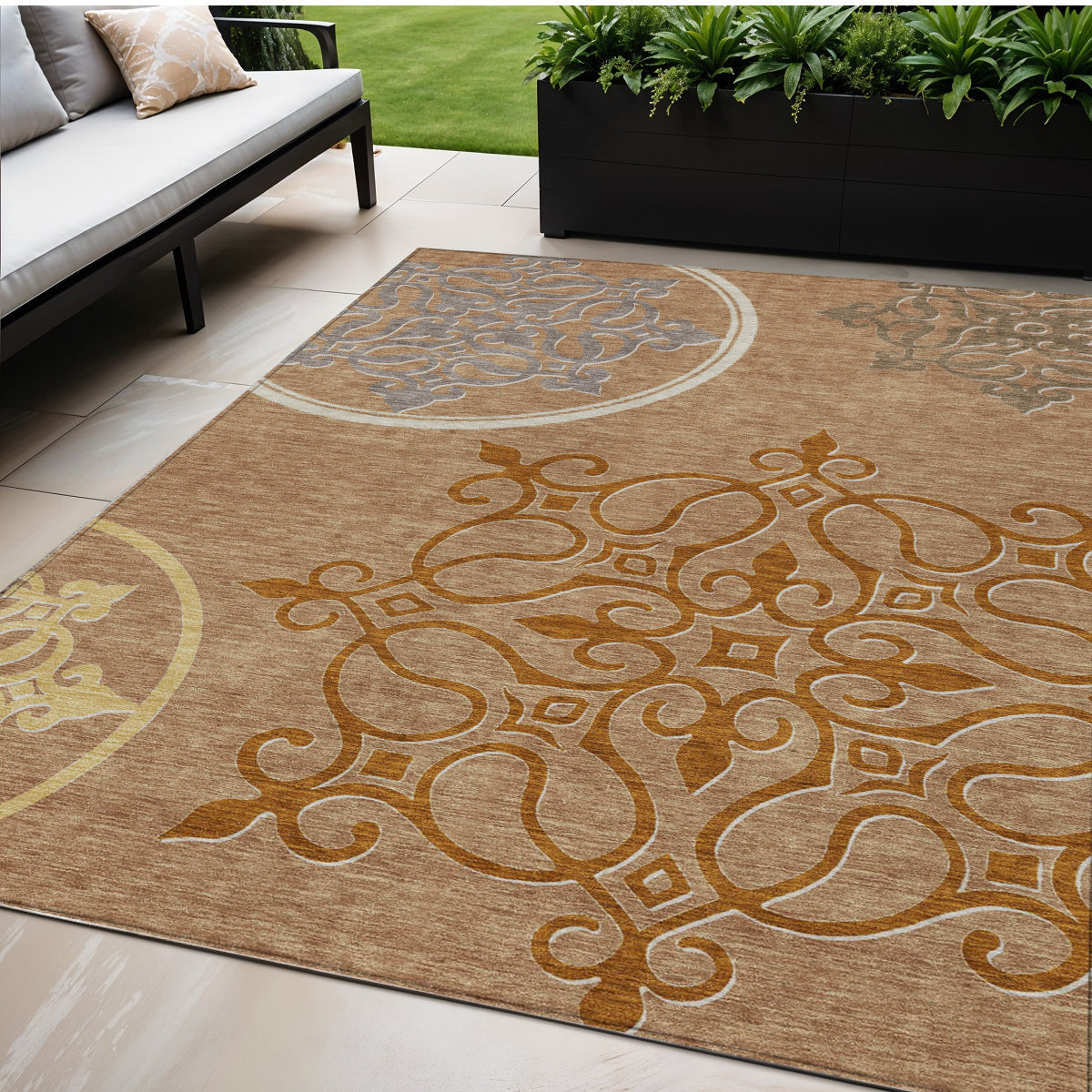 5' X 8' Terra Cotta Gold And Gray Floral Medallion Washable Indoor Outdoor Area Rug