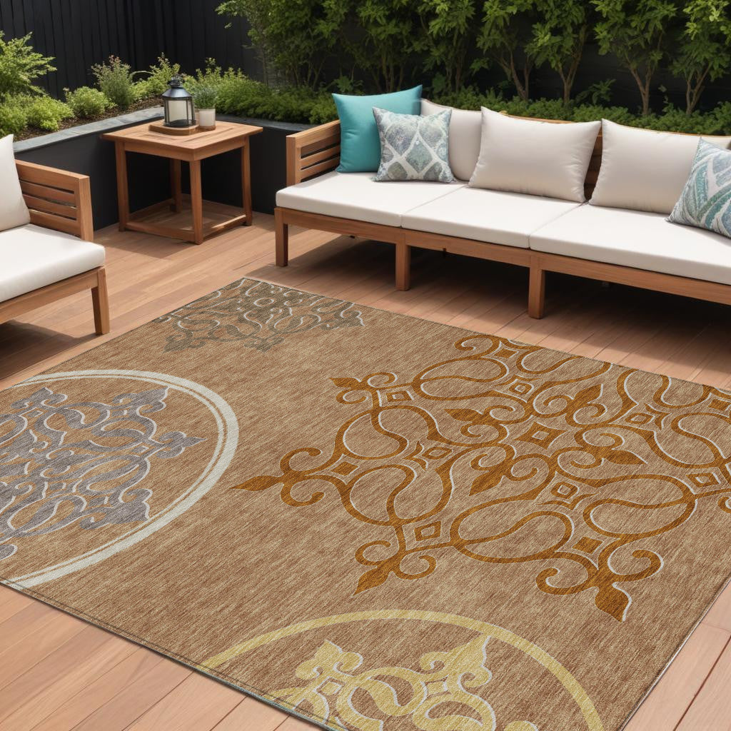 9' X 12' Terra Cotta Gold And Gray Floral Medallion Washable Indoor Outdoor Area Rug