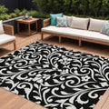 9' X 12' Black And Ivory Floral Washable Indoor Outdoor Area Rug