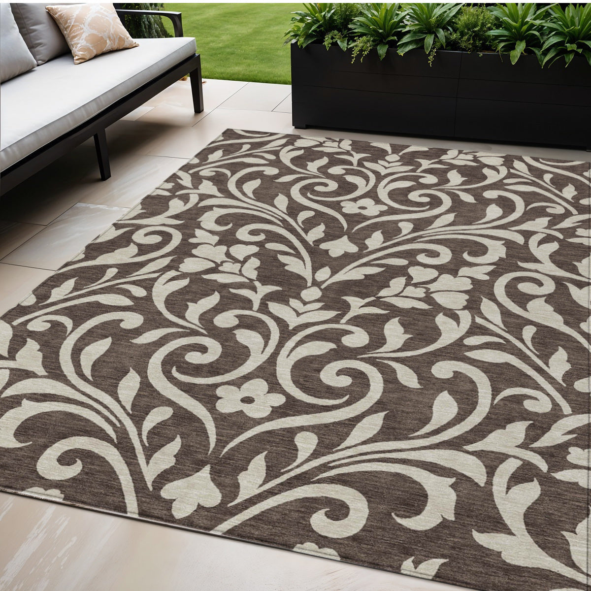 5' X 8' Chocolate And Ivory Floral Washable Indoor Outdoor Area Rug