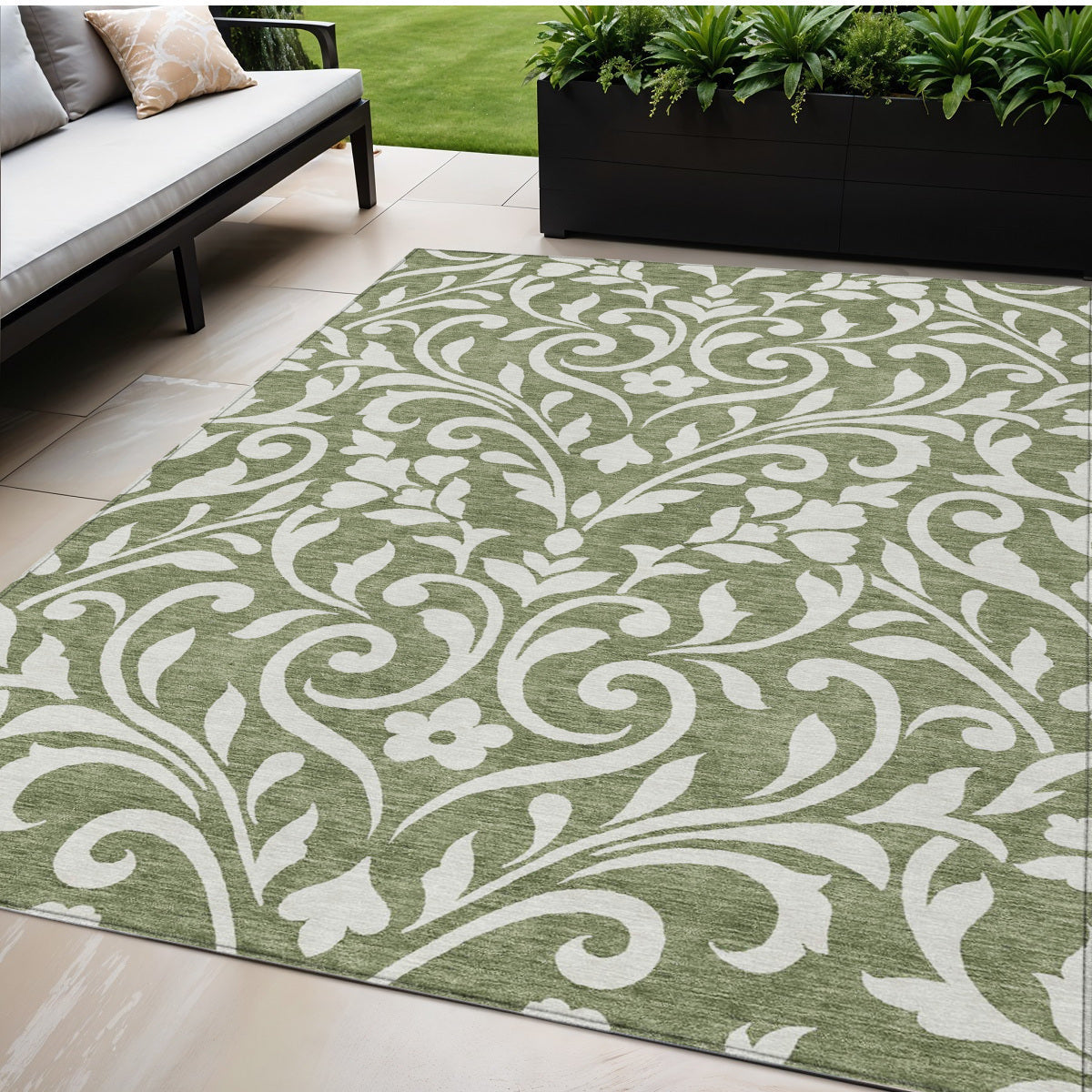 5' X 8' Fern Green And Ivory Floral Washable Indoor Outdoor Area Rug