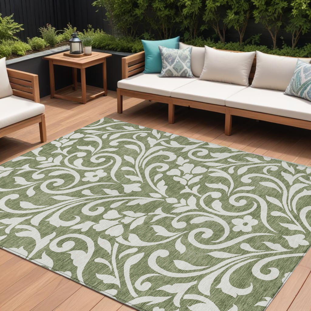 9' X 12' Fern Green And Ivory Floral Washable Indoor Outdoor Area Rug