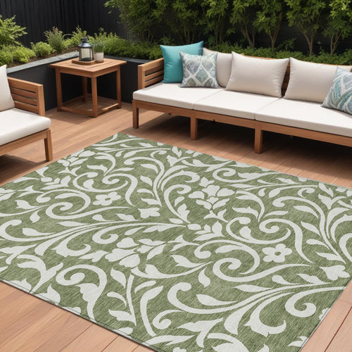 10' X 14' Fern Green And Ivory Floral Washable Indoor Outdoor Area Rug