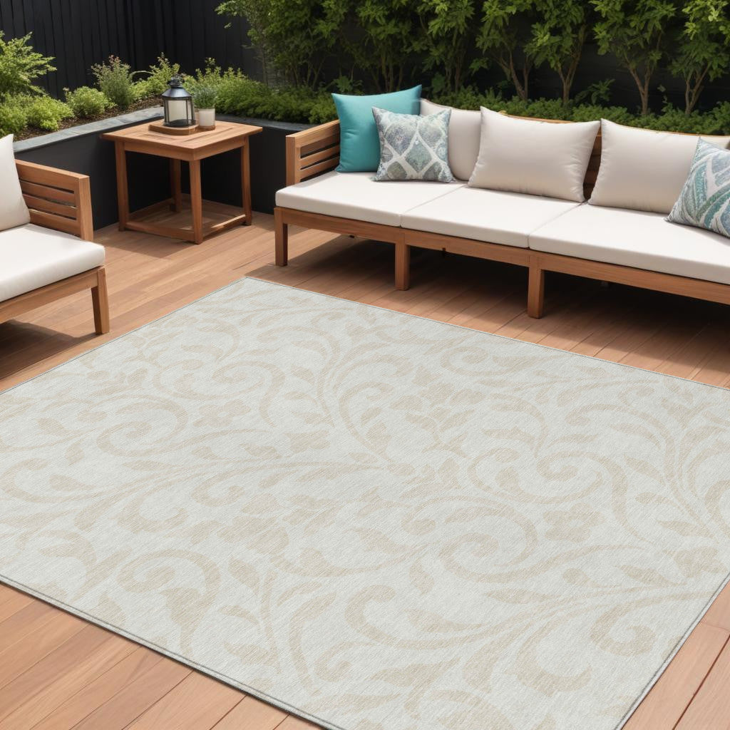 9' X 12' Ivory And Beige Floral Washable Indoor Outdoor Area Rug