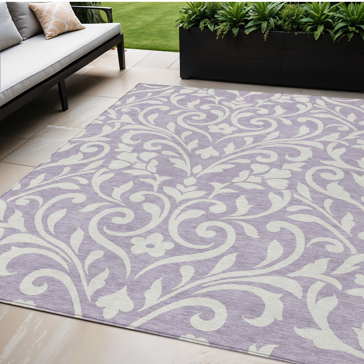 5' X 8' Lavender And Ivory Floral Washable Indoor Outdoor Area Rug