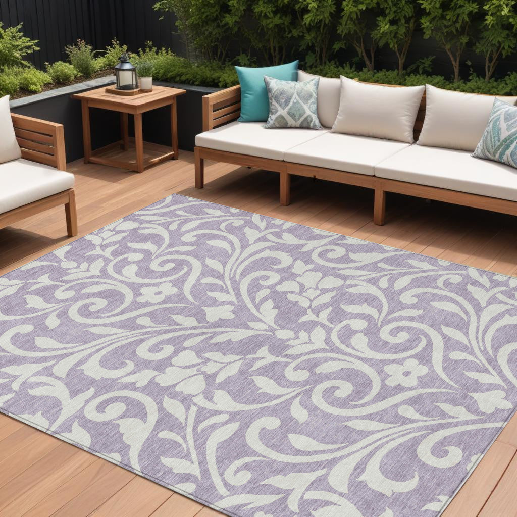 9' X 12' Lavender And Ivory Floral Washable Indoor Outdoor Area Rug
