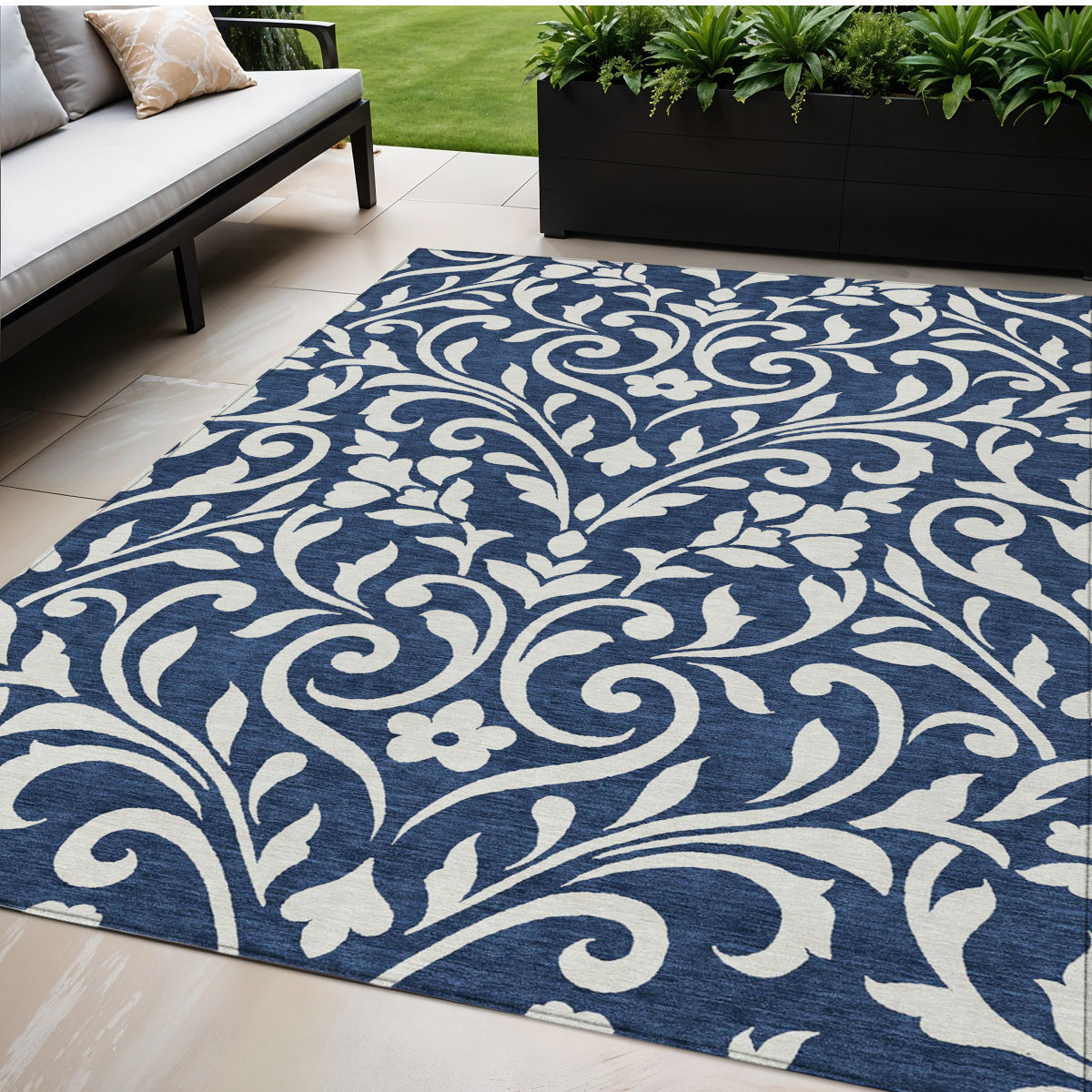 5' X 8' Navy Blue And Ivory Floral Washable Indoor Outdoor Area Rug