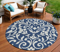8' Navy Blue And Ivory Round Floral Washable Indoor Outdoor Area Rug
