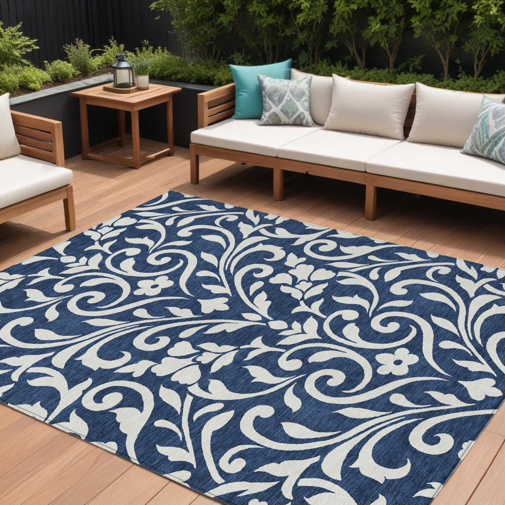 9' X 12' Navy Blue And Ivory Floral Washable Indoor Outdoor Area Rug