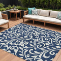 10' X 14' Navy Blue And Ivory Floral Washable Indoor Outdoor Area Rug
