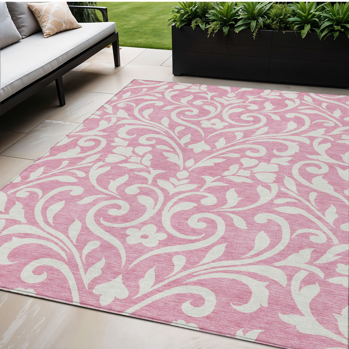 5' X 8' Pink And Ivory Floral Washable Indoor Outdoor Area Rug