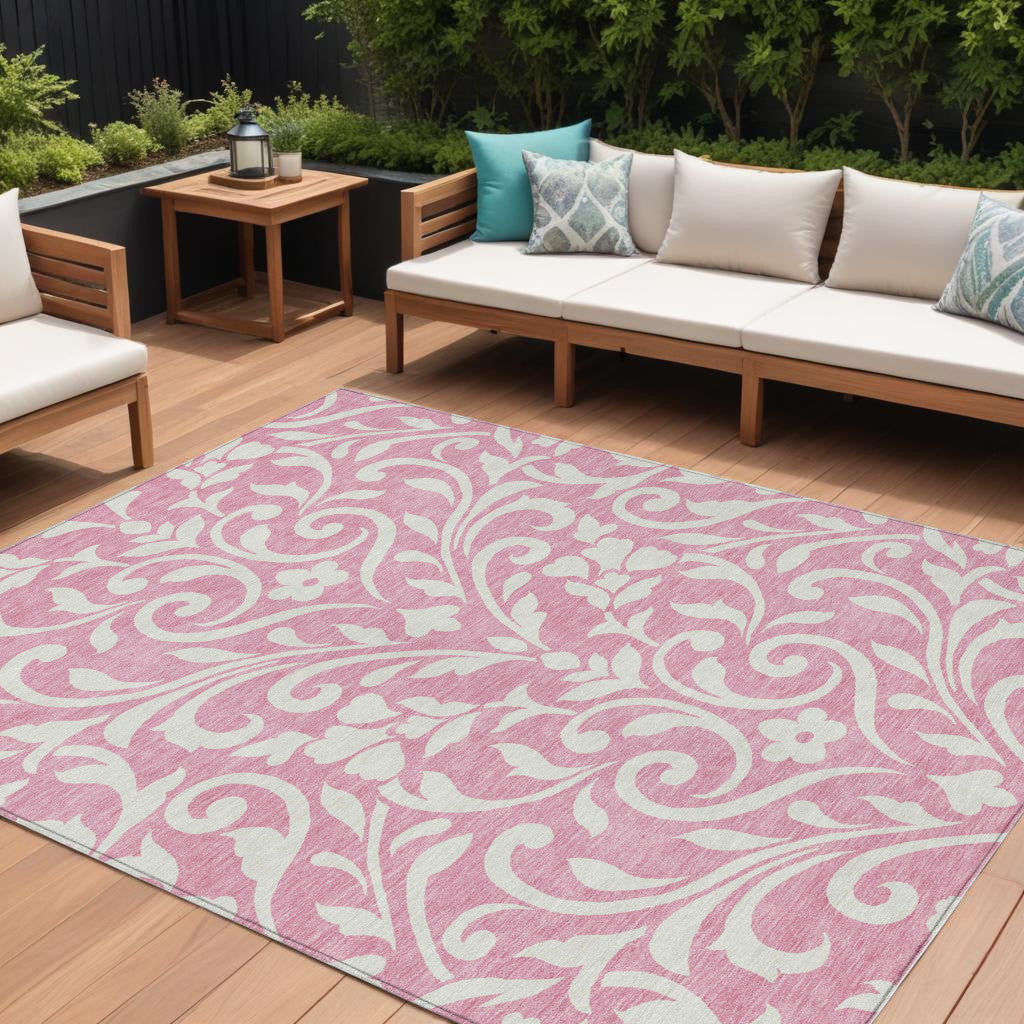9' X 12' Pink And Ivory Floral Washable Indoor Outdoor Area Rug
