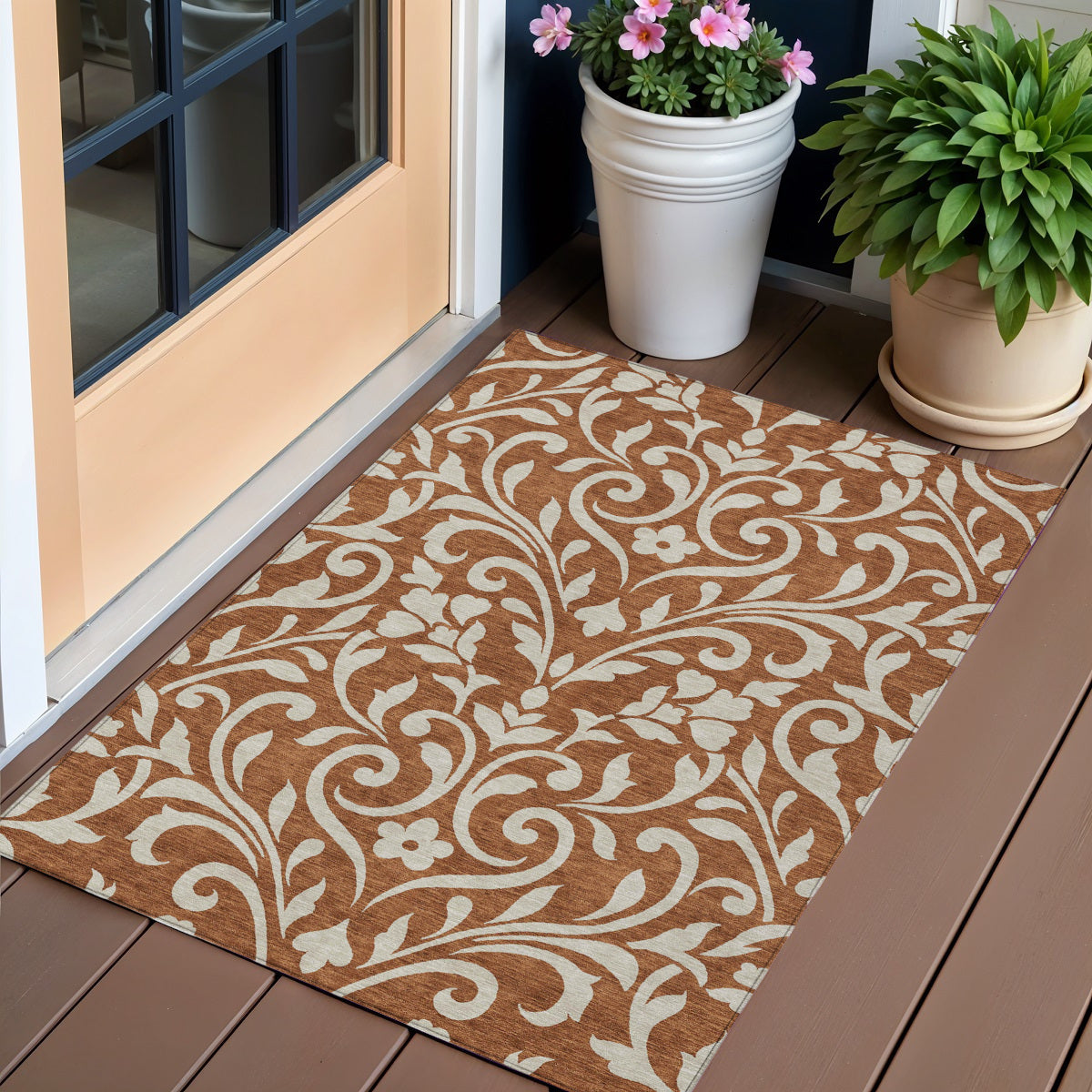 3' X 5' Brown And Beige Floral Washable Indoor Outdoor Area Rug