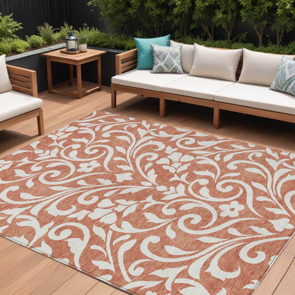 9' X 12' Salmon And Ivory Floral Washable Indoor Outdoor Area Rug