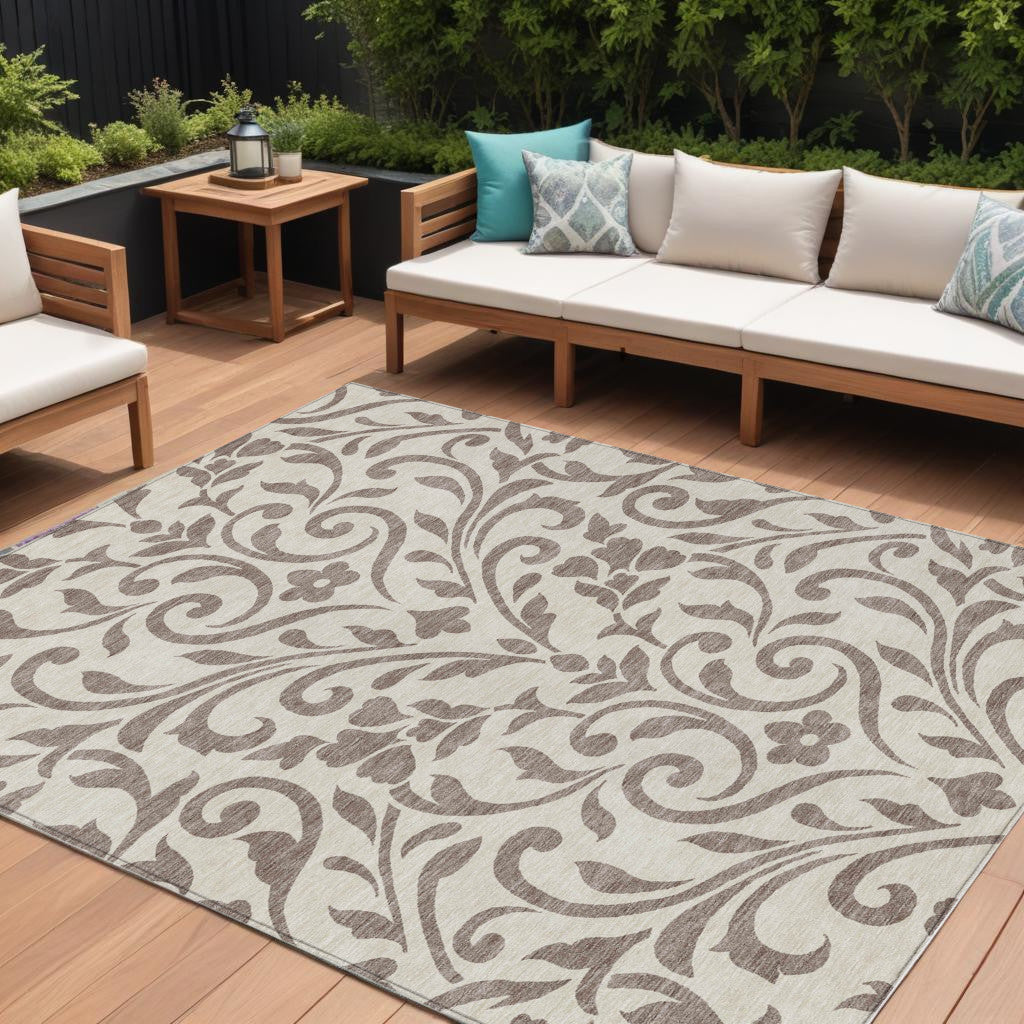 9' X 12' Taupe Floral Washable Indoor Outdoor Area Rug