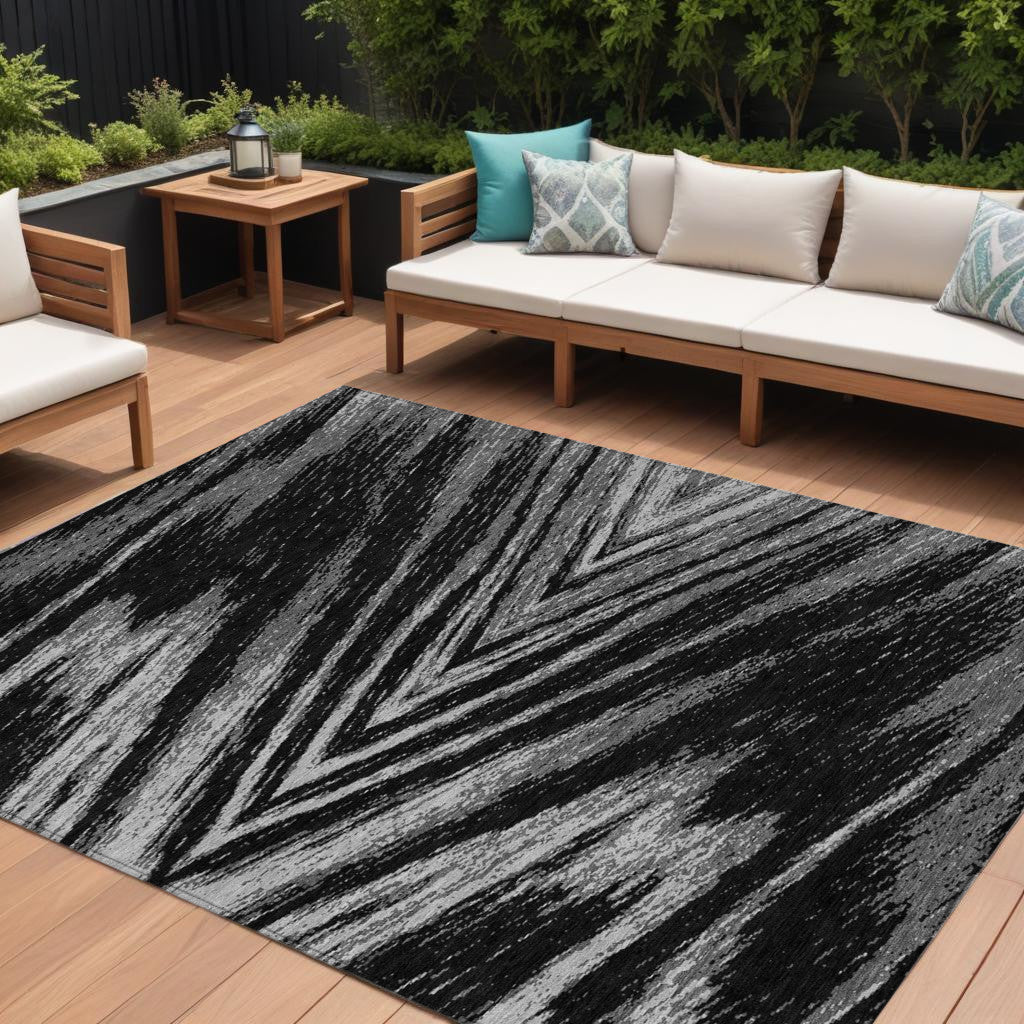 10' X 14' Black And Gray Abstract Washable Indoor Outdoor Area Rug
