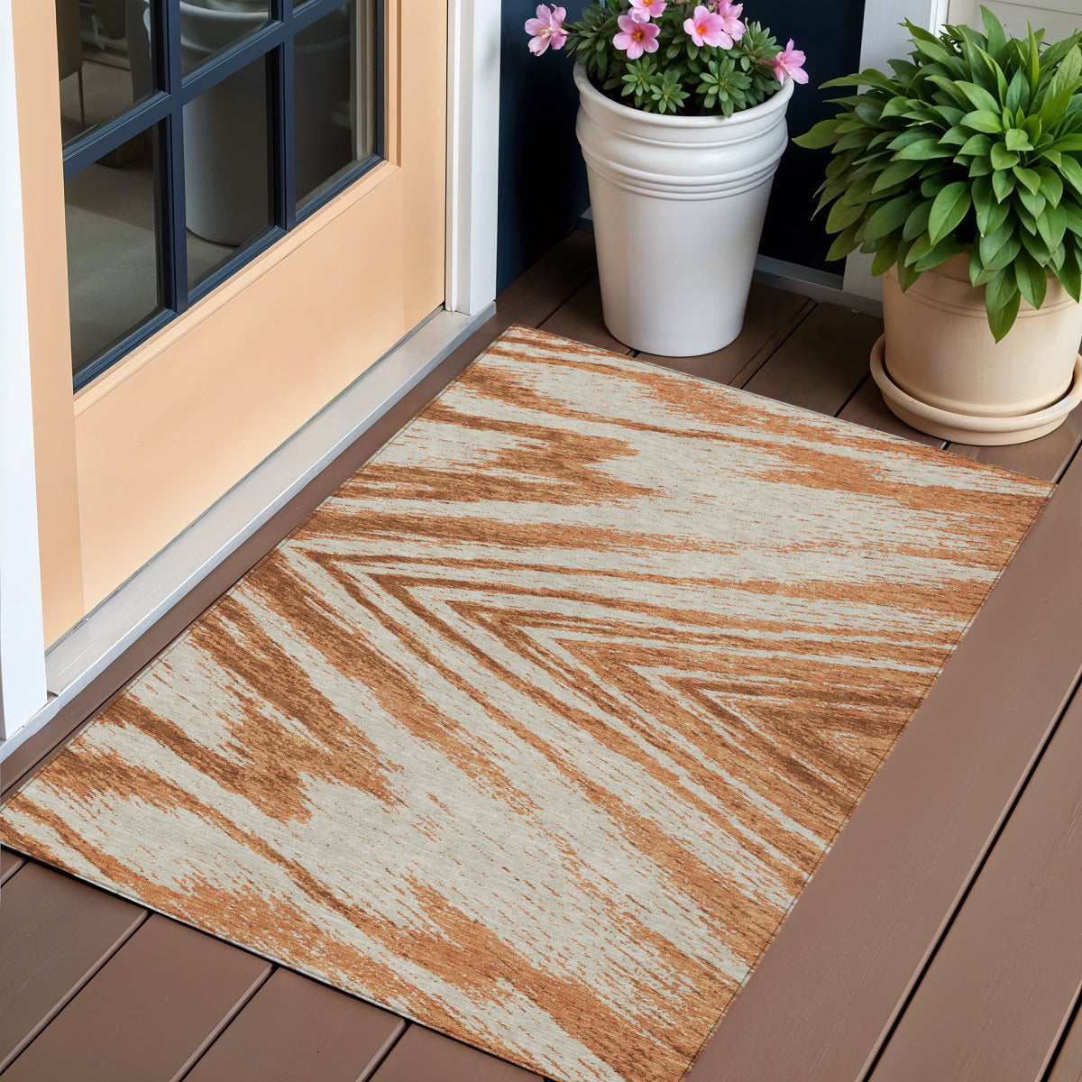 3' X 5' Orange Brown And Beige Abstract Washable Indoor Outdoor Area Rug