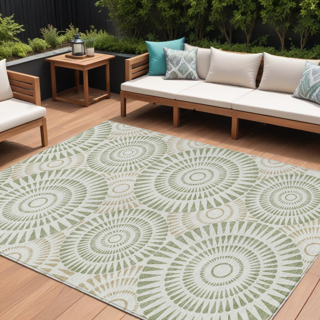 10' X 14' Artichoke Green Brown And Beige Geometric Washable Indoor Outdoor Area Rug
